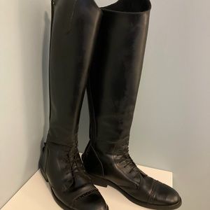 English riding boots, black synthetic with rear zip. Size 9. Brand: Let’s Ride